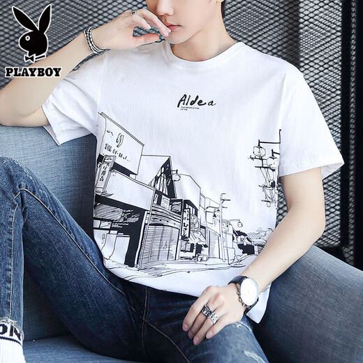 Playboy (PLAYBOY) pure cotton short-sleeved T-shirt for men 2025 new half-sleeved T-shirt loose trendy summer men's top Z829 gray 2XL [Suggested 143-158Jin [Jin equals 0.5 kg]]