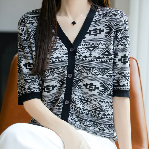 Li Yinu Laiser Tiansi T-shirt à manches courtes pour les femmes 2025 Été Nouveau-couche en V Cardigan rayé Cardigan Picture de dessus polyvalente Couleur JXHDHTN-724 M