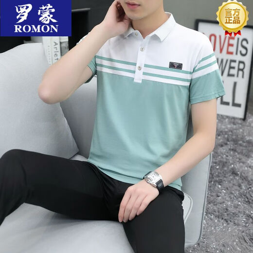 罗蒙（ROMON）夏季T恤男士夏季短袖翻领t恤韩版修身棉质休闲衫男装半袖潮流上衣 733黑色 2XL 180