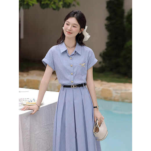 
[Give a belt] Literary and elegant blue dress for women 2025 new summer slim dress D1390 Blue S [100Jin [Jin equals 0.5 kg] below]