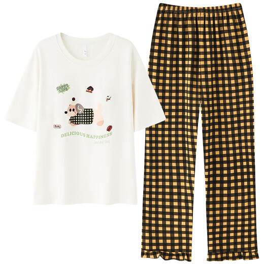 Katzenmann 100% reine Baumwollpyjamas für Frauen im Sommer kurzärmelige Hosen lässig losen Frauen-Hauskleidung Großgröße kann außerhalb von Anzug 687 Meter Aprikosenfarbe L [Empfohlen 100-120 Jin [Jin gleich 0,5 kg]]