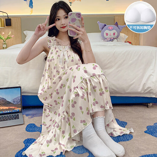 雅鹿吊带睡裙女冰丝绸夏季薄款带胸垫睡衣女士夏天水墨画感家居服 SSM-3888【自带胸垫】 M 【75-100斤】