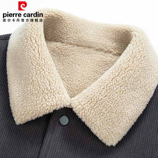 Pierre Cardin lapel jacket men's corduroy plus velvet warm sherpa workwear lapel cotton jacket for men dark gray XL