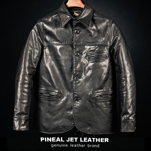 PJL new men's cowhide retro casual mid-length classic lapel cowhide brakeman black M (130Jin Jin is equal to less than 0.5kg)