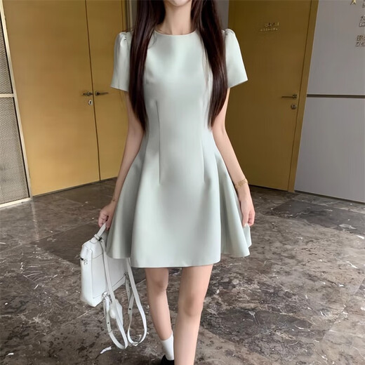 Lan Lianshu French dress skirt for women autumn 2025 new small slim Hepburn style small fragrant skirt French waist short-sleeved dress Green One size fits all Recommended 110Jin Jin is equal to 0.5kg within