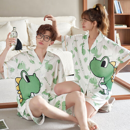 天启世纪情侣睡衣夏季冰丝短袖短裤冰丝士可爱卡通士可外穿家居服套装 13076-13077 M 女男L