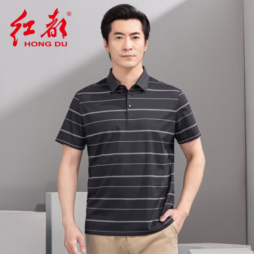 红都夏季新款男士短袖T恤商务休闲翻领簿款条纹微弹中年半袖t恤衫 咖色ta9226-2 均码 180/96A