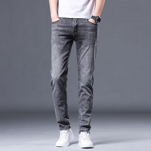 Lilang High-End Hong Kong Sommer Rauch grau Jeans Männer schlanke Füße Trendy Brand Elastizität Casual Hosen koreanischer Stil Trend BML1049 Rauchgrau 28