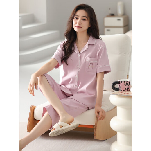 雅鹿2025年新款睡衣女夏季纯棉短袖七分裤夏天宽松大码带口袋开衫家居 NX9898 M
