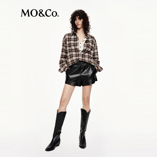 MO&Co. Shorts 2025 Autumn New Product Light Rock Plain Leather Elastic High Waist Loose Black Casual Pants MBE3SOT016 Black S /160