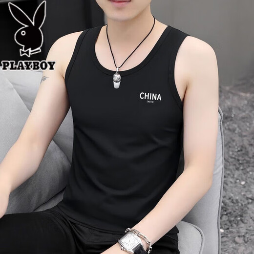 Playboy (Playboy) Herrenweste für Sommer Neue trendige Sport- und Fitnessweste schlanker Anpassungen in ärztem T-Shirt Ice Seidenbasis Sweatshirt 2-teilige China White + China Black Collection und Kauf M XL Empfohlen 165-180c110-125jin [Jin gleich 0,5 kg]