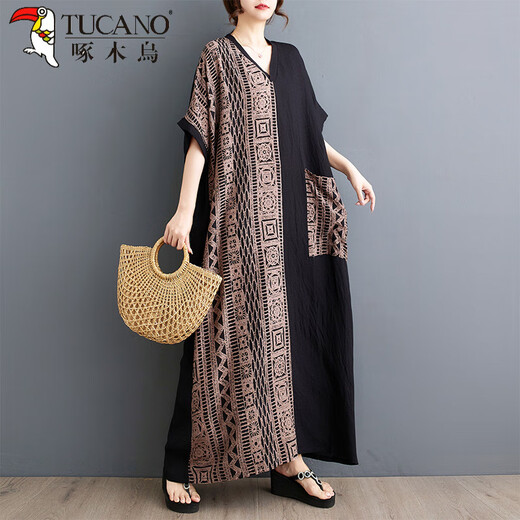 Woodpecker exports Thai fat M girls thin cotton and linen printed splicing tensile slim belly covering to make you look slim V-neck short-sleeved contrasting color long dress 9856# blue splicing, one size, 100-200 Jin [Jin equals 0.5 kg]