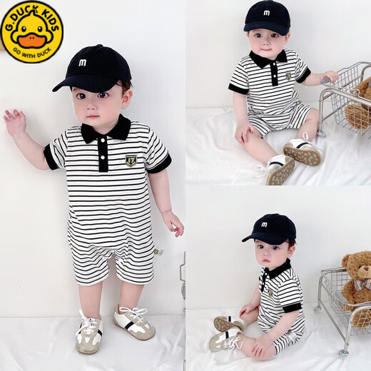 G.DUCKKIDS men and women's onesie in summer thin children's clothing newborn baby clothes 0-1345689 months 2 years old pure cotton black square collar short sleeve 80cm 80
