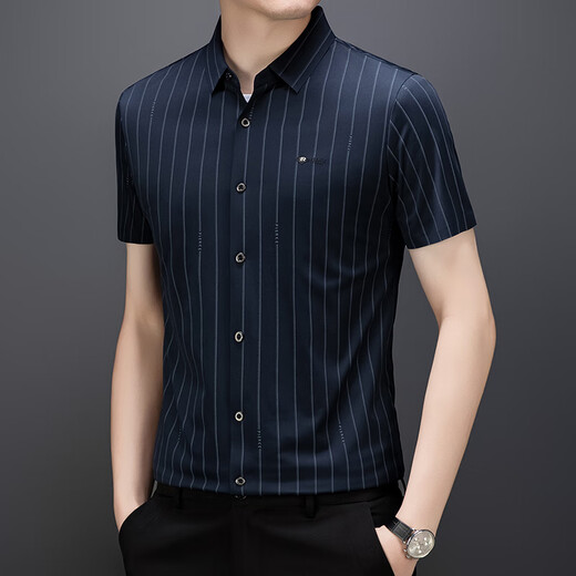 老爷车（LAOYECHE）夏季短袖衬衫男士条纹 新款商务休闲半袖抗皱免烫高级感衬衣 EZ2721红色 M 170
