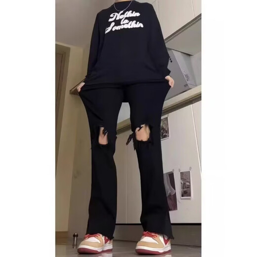 迪伽达美式复古vibe裤子高街潮牌纯色破洞牛仔裤男款夏季百搭修身微喇裤 DFFS-723黑色 XL