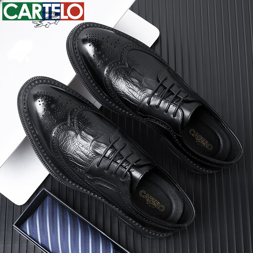 CARTELO crocodile leather shoes men's cowhide business casual formal wedding British brogue carved men's shoes 6533 black 42