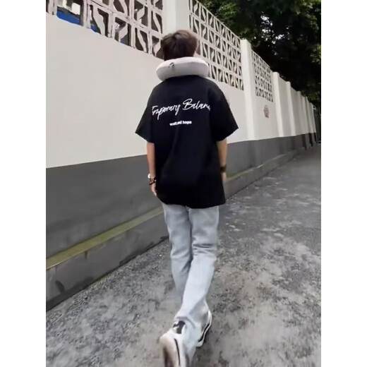 POUM美式高街短袖T恤男夏季新款宽松oversize上衣情侣五分半袖打底衫 YGWP-M691黑色 XL