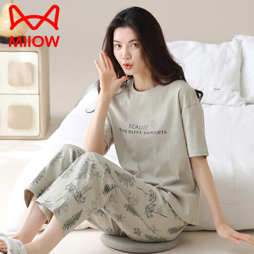 猫人（MiiOW）纯棉睡衣女款夏季2025年新款短袖长裤夏款女士套装居家居服 Y9716 M 建议80-100斤穿