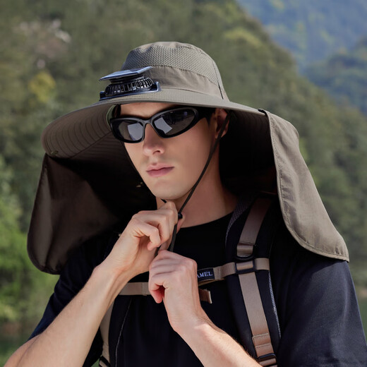 钓龙王（DiaoLongWang）夏季户外钓鱼登山遮阳帽超大檐太阳能风扇帽子披肩护颈防晒渔夫帽 9209-卡其【风扇款】