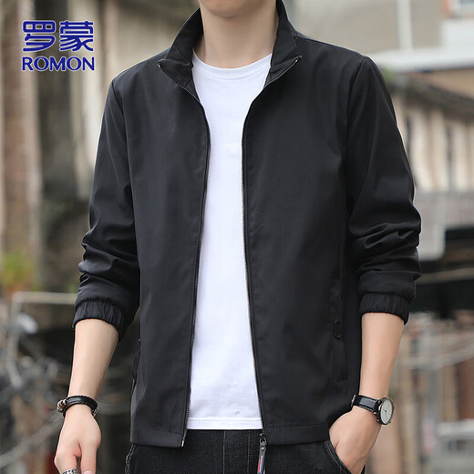 ROMON jacket men's spring and autumn solid color business jacket for young and middle-aged men commuting casual stand-up collar top clothing black XL