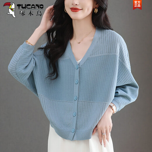 
Woodpecker (TUCANO) ice silk knitted cardigan sun protection thin coat for women 2025 summer new long-sleeved small blouse shawl top black 4XL