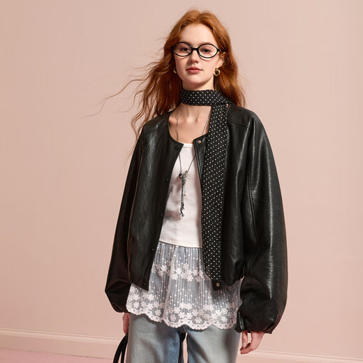 
Three Color 2025 Autumn New PU Imitation Leather Jacket Retro Leather Jacket Round Neck Loose Cardigan Simple M Classic Black M 160/84A