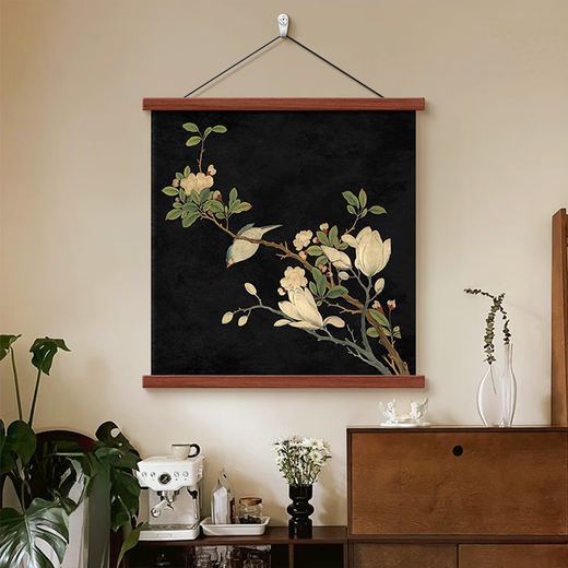 三栖虎中古风正方形客厅装饰画新中式喜上眉梢玄关挂画宋代美学复 12172喜上眉梢L 40厘米x40厘米 红花梨木挂轴高油画布黑色麻绳 油画布画面（实木卷轴油画布画面送无痕钉）