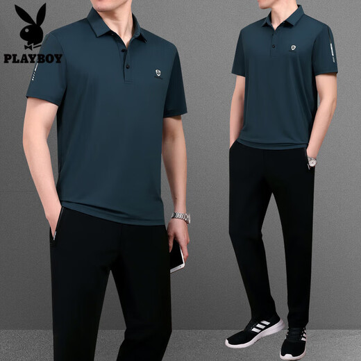 花花公子（PLAYBOY OUTDOOR）冰丝t恤男士套装夏季薄款休闲男装运动服中年短袖男父亲节爸爸装 755蓝色 2XL建议140斤---160斤T恤+裤子