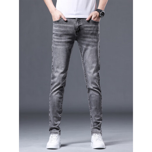 Seven Wolf (SW1960) 2025 spring and summer high-end gray jeans men's trendy slim feet pants stretch casual pants Korean style trend QN1049 gray 28