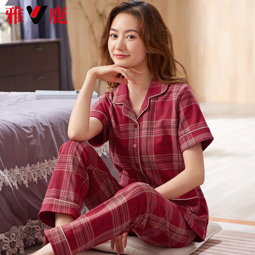 Yalu haut de gamme Plaid d'été pyjamas pyjamas de coton mince pantalon à manches courtes pour femmes Summer Mother Home Clothing Clothing 9923 M -80-95Jin [Jin est égal à 0,5 kg]