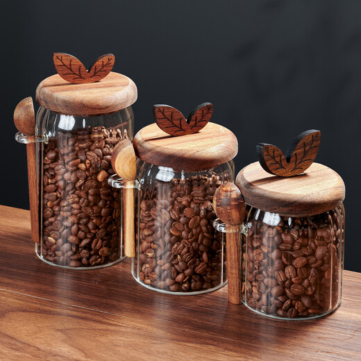 LeCali glass coffee powder sealed jar coffee bean storage jar portable food grade tea storage storage jar with spoon jar high borosilicate glass 800ml-with wooden spoon