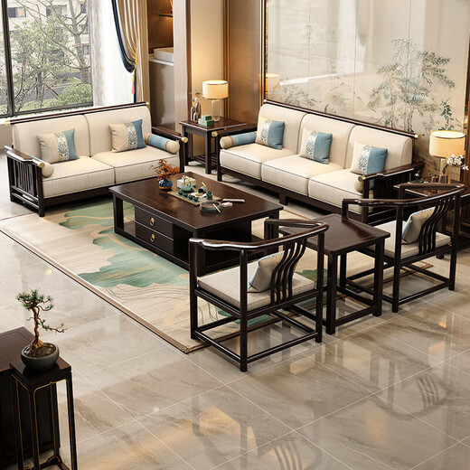 
No. 1 Haoting solid wood sofa living room, new Chinese furniture small apartment single and double three-person combination 2025 new model 9901# independent three-person seat [frame] cotton linen cover