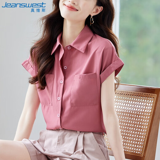 
JEANSWEST shirt for women 2025 summer short-sleeved casual temperament fashionable versatile fashion top for women rose pink M