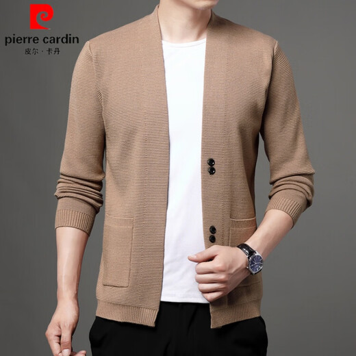 Pierre cardin brand wool sweater men middle-aged and young people spring and autumn new solid color sweater shawl jacket cardigan top men brown 3XL