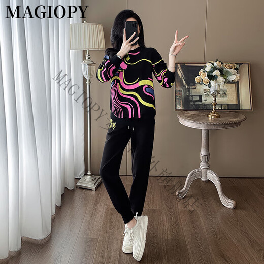 MAGIOPY国际奢侈高档品牌时尚潮流休闲运动套装女春季2025新款欧货小众黑 黑色两件套 S(100斤以内)