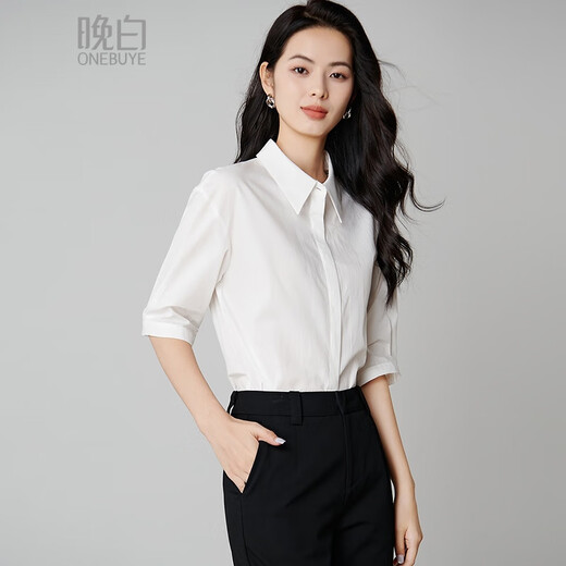 Late White New Product 2025 Autumn Style Lapel Cotton Shirt Casual Commuting Workplace Mid-Sleeve Shirt Women White S