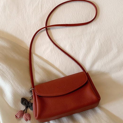 Nanfeng Chio2nd echtes Leder-Leder-Kuhläden-Wolken-Mousse kleine Quadratbeutel für Frauenbeutel Litschee Muster Pendler Frauen One-Shoulder Crossbody Bag Cherry Red [Send Rosenanhänger]