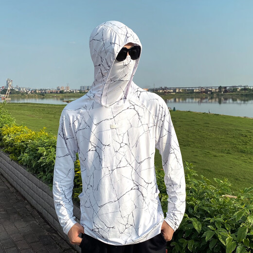 Raft core men's sun protection clothing, fishing clothing, cycling clothing, sports outdoor quick-drying breathable, light and soft hooded road clothing white gray d005 L (height 175 weight 130-150 Jin Jin equals 0.5 kg