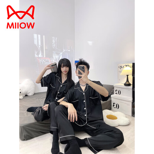 Catman (Miiow) Paar Pyjamas für Frauen im Sommer -Eis Silk Kurzärmel 2025 Neuer Anzugseide. Seidenstil Dünnstil Herren-Hauskleidung 13568 Frauen # Double Short [New Style] M [Vorgeschlagen 80-100 Jin [Jin gleich 0,5 kg]]]
