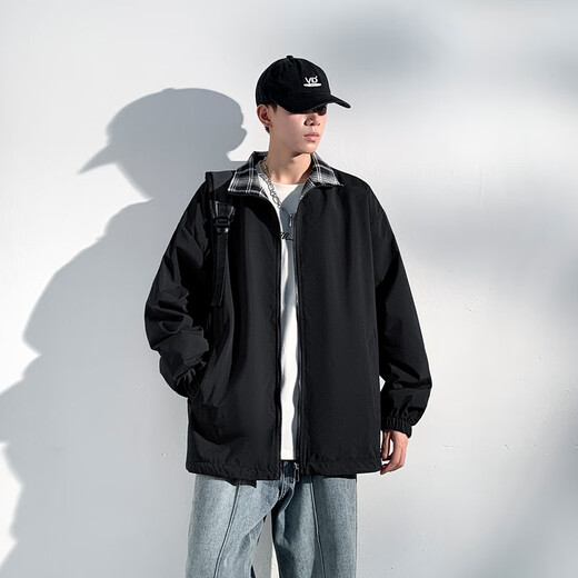 Dingfengbaoluo casual lapel jacket men's autumn loose and versatile zipper plaid jacket EX01 black XL