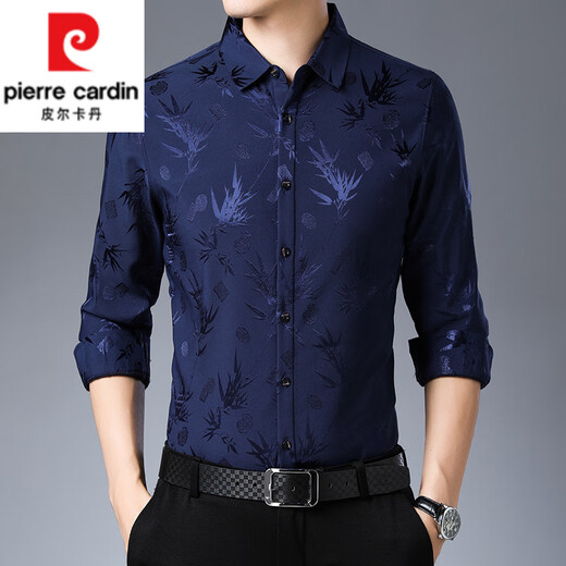皮尔卡丹（pierre cardin）真丝花衬衫男长袖桑蚕丝春秋寸衣中年爸爸装加绒加厚印花上衣 藏青色F3768 L 170/120-140斤穿