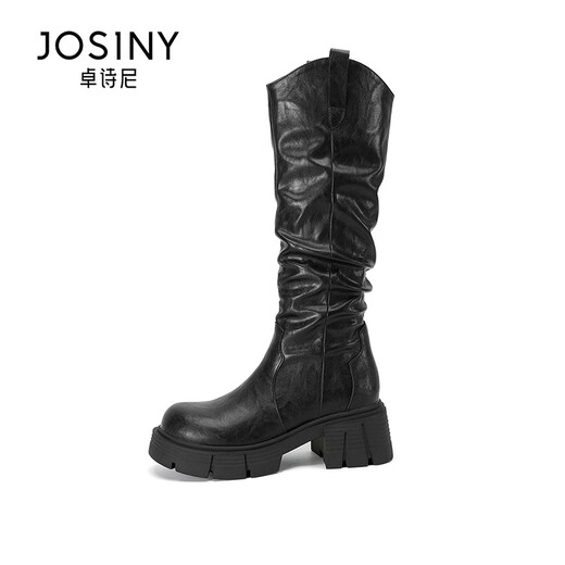 
Zhuosini thick-soled long boots for women 2025 autumn and winter new style but knee long boots folded pile boots thick heel heightened knight boots black - single 35