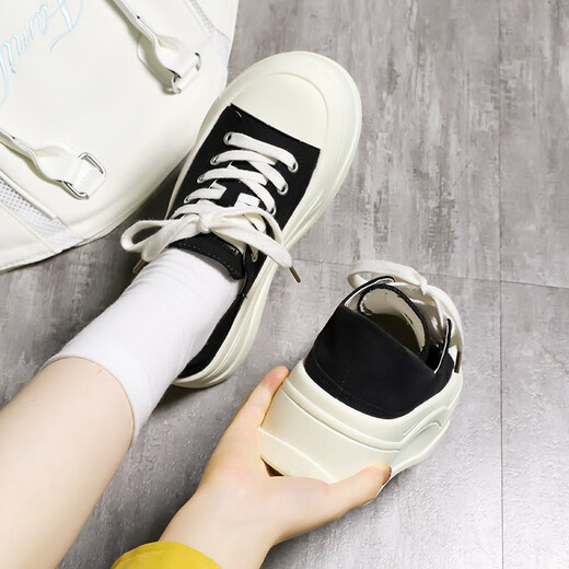 FOREVER21超厚底黑色板鞋女2025新款秋季增高透气两穿显腿长百搭休闲帆布鞋