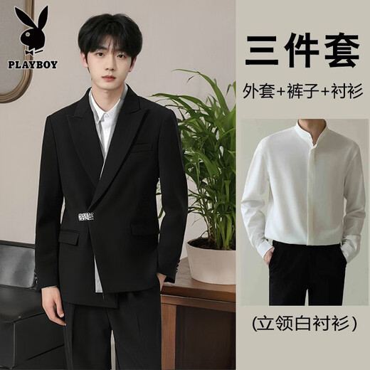 Playboy (PLAYBOY) star's same style new Chinese suit men's loose suit engagement groom wedding suit suit Tang suit Chinese tunic suit black suit + white shirt + black trousers 2XL collection store fast delivery