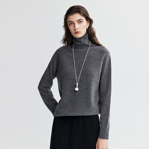Virgin cotton turtleneck wool cashmere pullover sweater for women 25 autumn and winter slightly loose knitted top wide rib design impression gray L