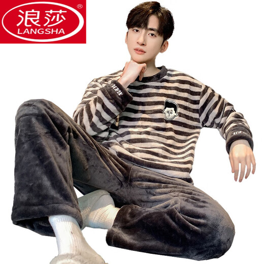 Langsha Coral Velvet Pajamas para hombres Autumn and Winter Style, además de terciopelo engrosado, set cálido de franela de franela de otoño ropa para el hogar K3887 L