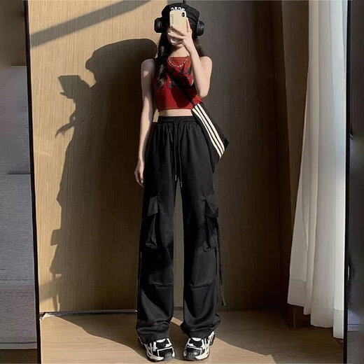 
Casual simple dopamine wear work pants for women in spring and summer drawstring hip-hop thin style wide-leg floor trousers MY-687 black L