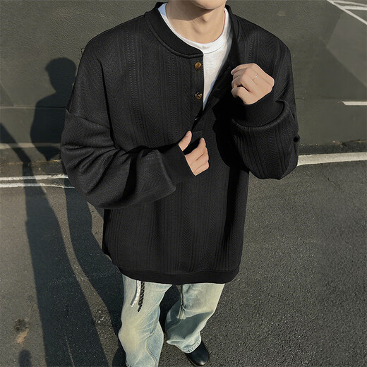 SWAMP AREA Henry collar textured long-sleeved T-shirt for men in spring and autumn layered inner layering shirt SWT607 black XL