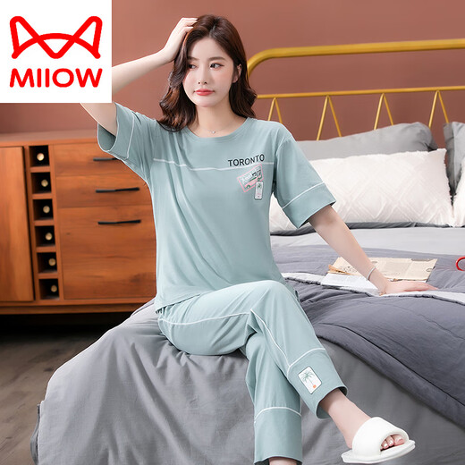 Catman (Miiow) Pyjamas für Frauen für Sommerpure Baumwolle 2025 Neue Kurzhose mit kurzärztem Hose für Hauskleidung für dünne Baumwollanzüge 7374 Bohnengrün M 80-100jin [Jin gleich 0,5 kg]