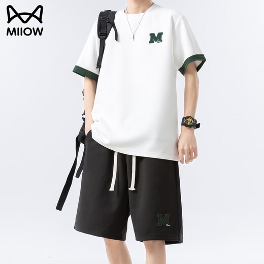 
Catman ice silk casual suit men's cool quick-drying handsome thin loose sports teen shorts shorts two-piece 6677 apricot color XL
